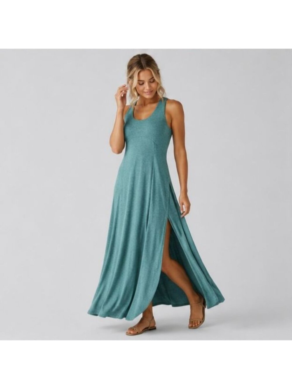 Halara U Neck Flowy Maxi Casual Tank Dress Stone Green Floral Yarn sz Large New